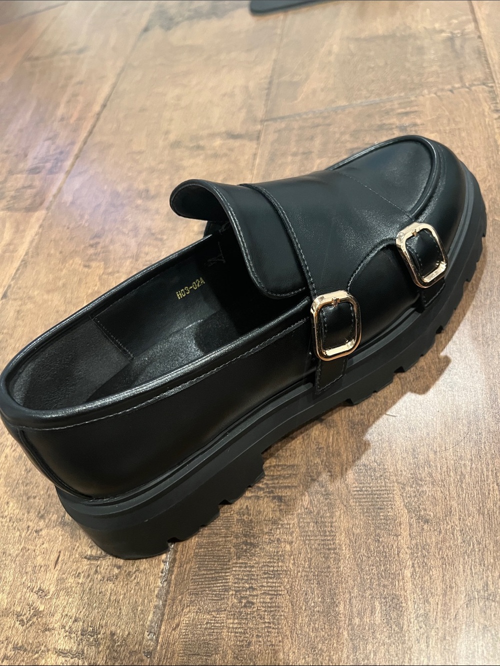Women's Black Buckle Leather Loafers with Chunky Sole - Picture 2 of 4